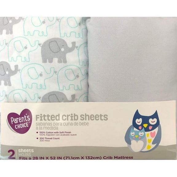 Parent's Choice 100% Cotton Fitted Crib Sheets, Blue Elephant 2pk