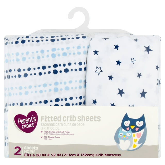 Parent's Choice 100% Cotton Fitted Crib Sheets, Blue Star 2pk