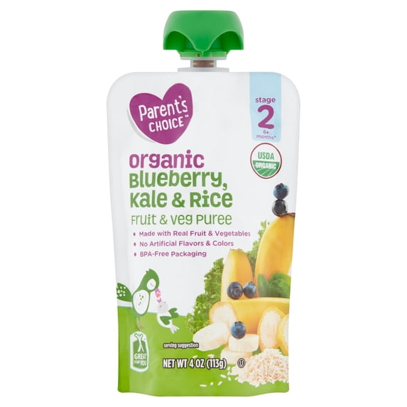 Parent's Choice Organic 2nd Baby Foods Pack Blueberry Kale Rice, 1 Pouch (113g)