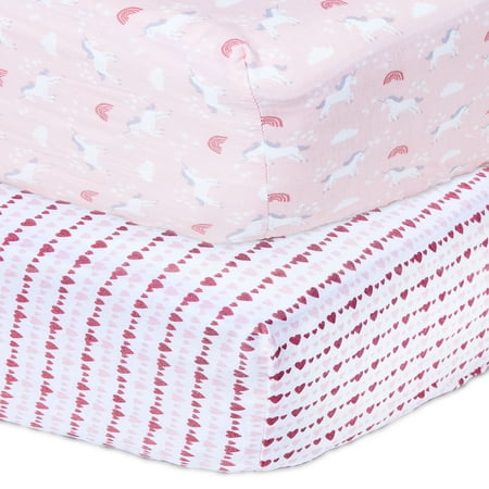 Parent's Choice 2-Pack Cotton Fitted Crib Sheets for Baby Girls Crib Bed, Unicorn, Pink