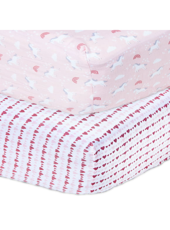 Parent's Choice 2-Pack Cotton Fitted Crib Sheets for Baby Girls Crib Bed, Unicorn, Pink