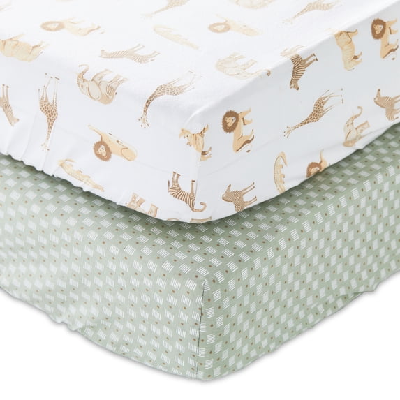 Parent's Choice 2-Piece Cotton Fitted Crib Sheets for Baby Boys and Girls, Safari