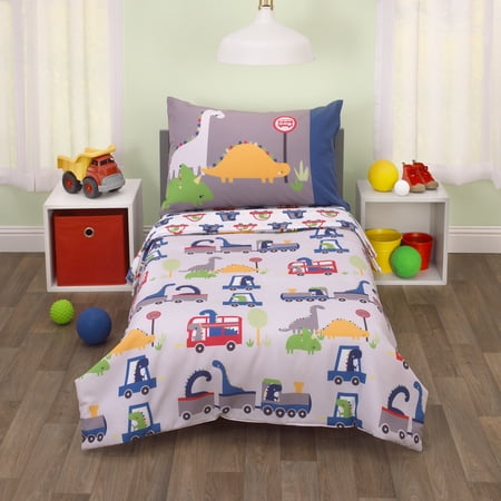 Parent's Choice 4-Piece Toddler Bedding Set, Toddler Bed, Gray, Blue, Dino Transportation
