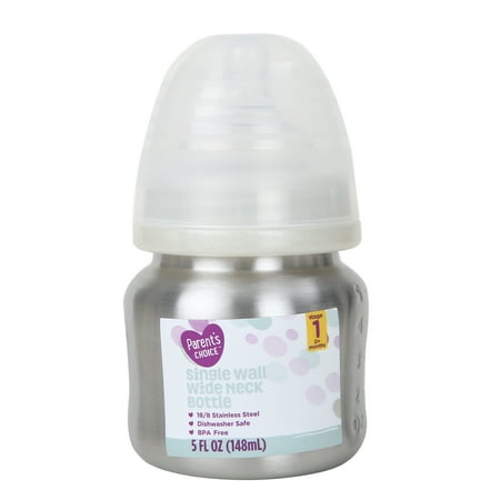 Parent's Choice 5oz Stainless Steel Wide Neck Baby Bottle, Stage One: Zero to 6 months