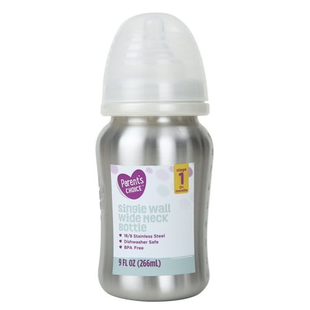 Parent's Choice 9oz Stainless Steel Single Wall Wide Neck Baby Bottle, Ages 0+ Months