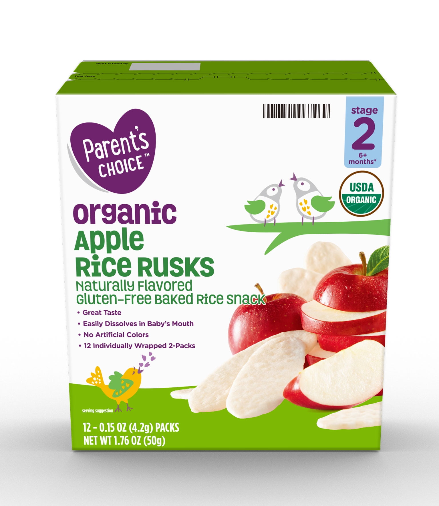 Parent's Choice Organic Stage 2 Apple Rice Rusks Baby Snack, 6+ Months, 0.15 oz, 12 Pack