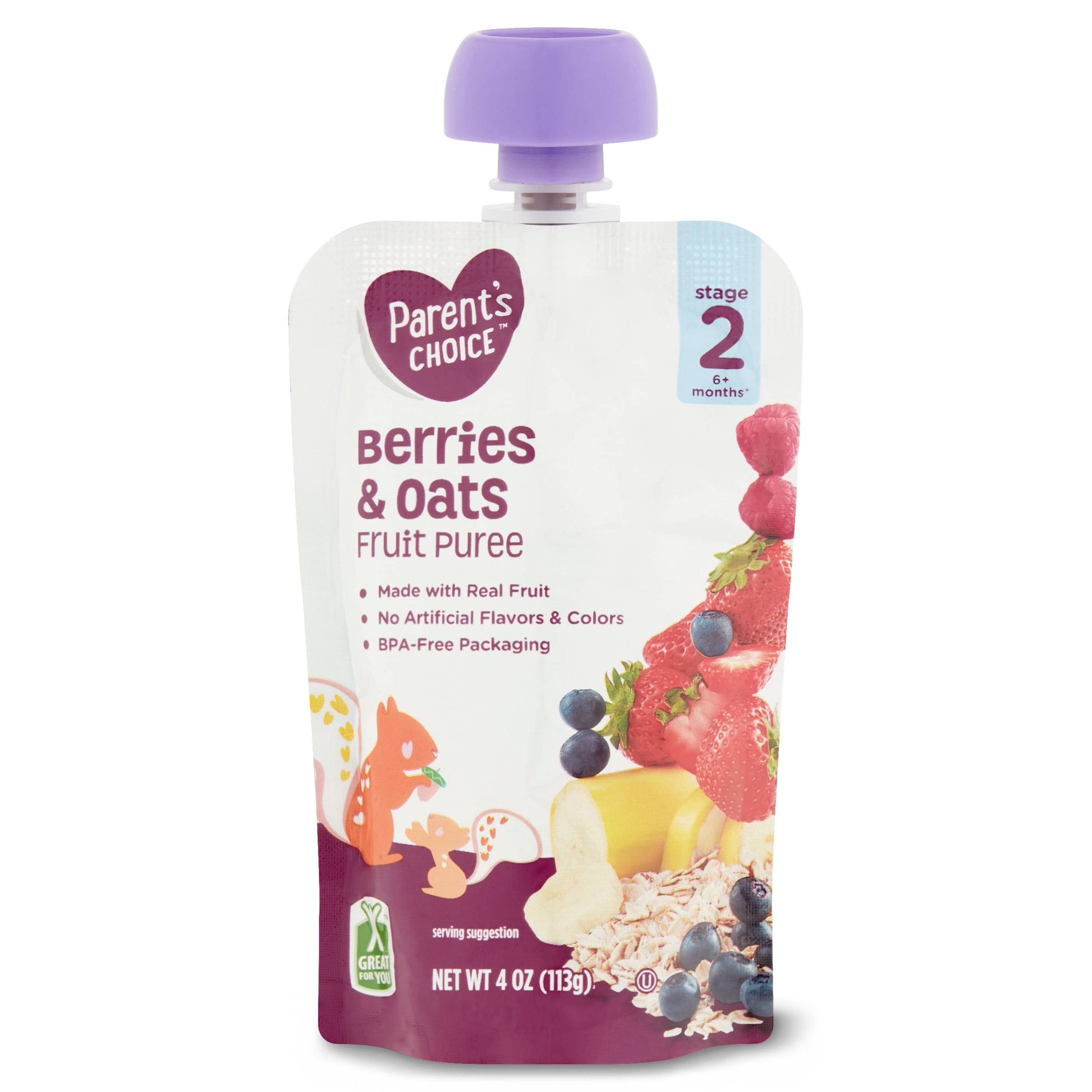 Parent's Choice Berries & Oats Fruit Puree, Stage 2, 4 oz