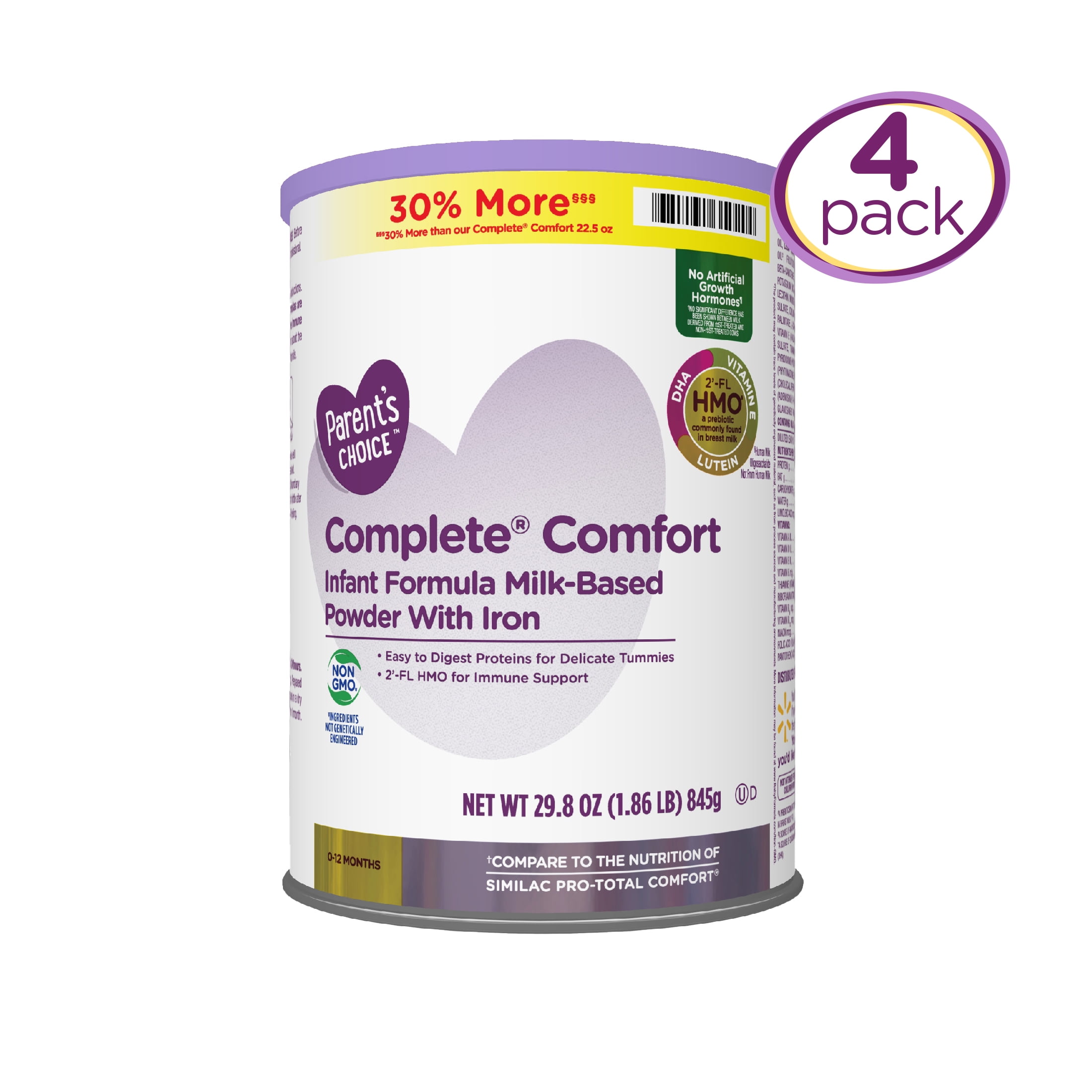 Parent's Choice Complete Comfort Baby Formula Powder with Iron , 29.8oz, 4  count