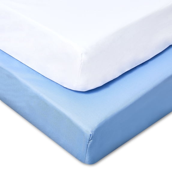 Parent's Choice Cotton Fitted Crib Sheets, White and Blue, 2-Pack
