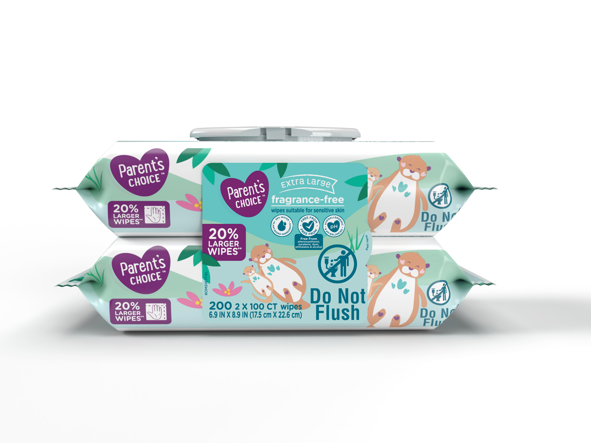 Toallitas húmedas para bebé Parent's Choice extra grandes sin fragancia, 200 piezas