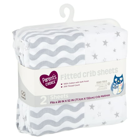 Parent's Choice Fitted Crib Sheets, Gray Print, 2 Pack