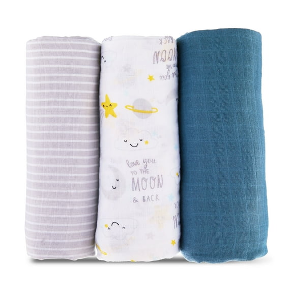 Parent's Choice Muslin Extra Large Swaddle, Celestial, Gray, White, & Blue, Unisex Infant, 3 Pack
