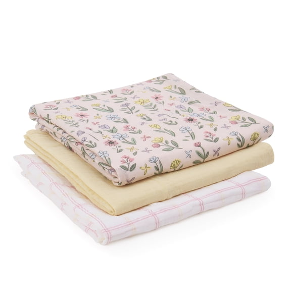 Parent's Choice Muslin Extra Large Swaddle Blankets, Floral Pink and Yellow, Infant Girl, 100% Cotton, 3 Pack