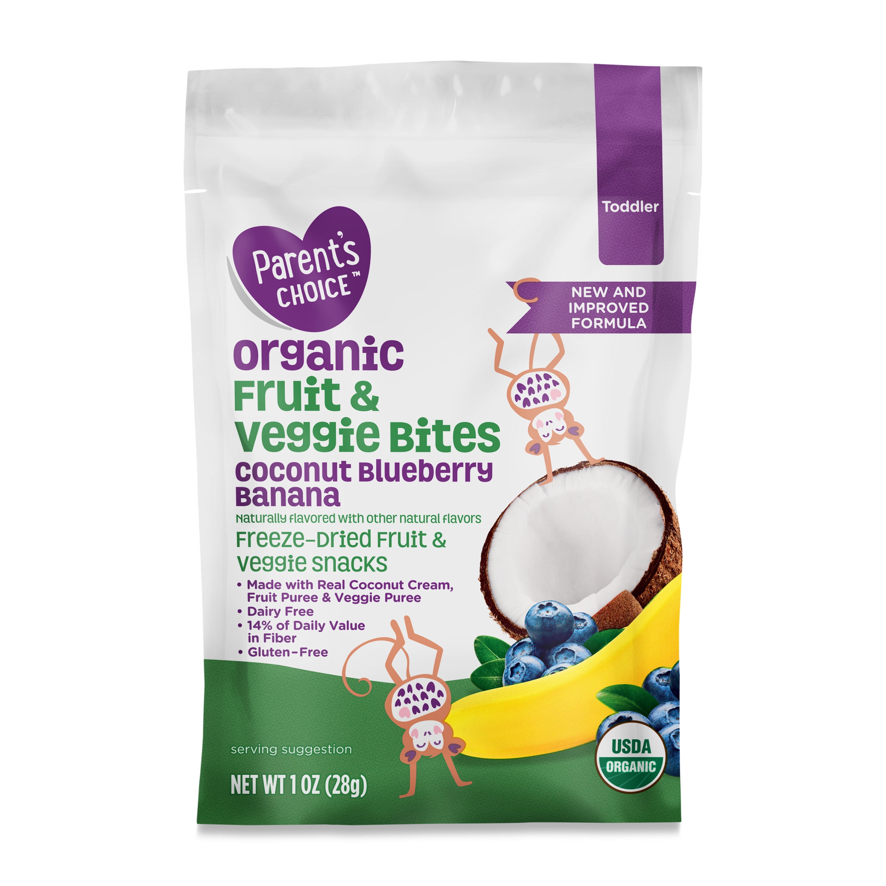 Parent’s Choice Organic Stage 3 Toddler Snacks, Coconut, Blueberry, and Banana Fruit Bites, 1 oz Pouch