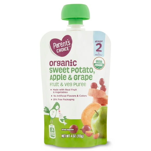 Parent's Choice Organic Stage 2 Baby Food, Sweet Potato Apple Grape, 4 oz Pouch