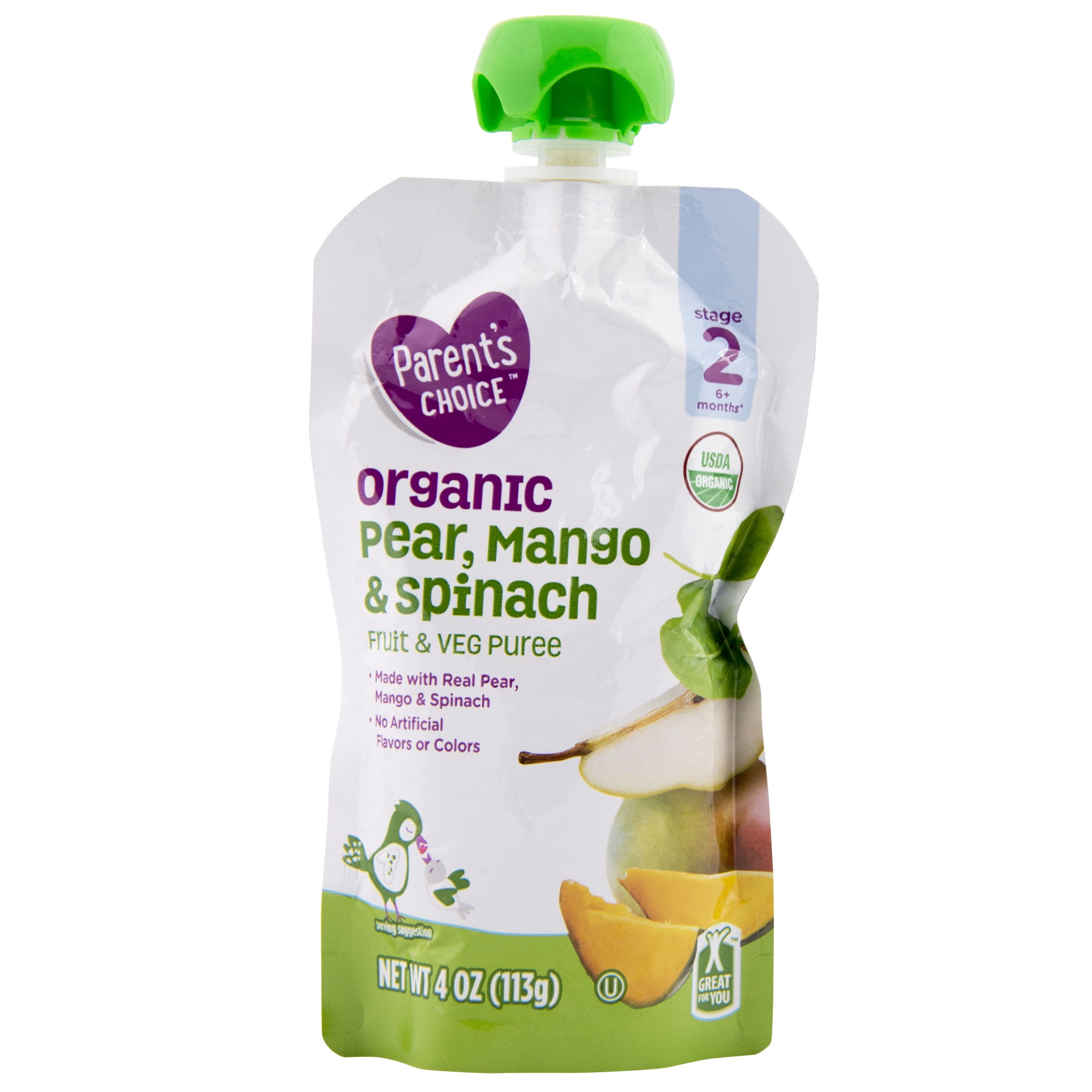 Parent's Choice Organic Stage 2, Pear Mango & Spinach Baby Food, 4 oz