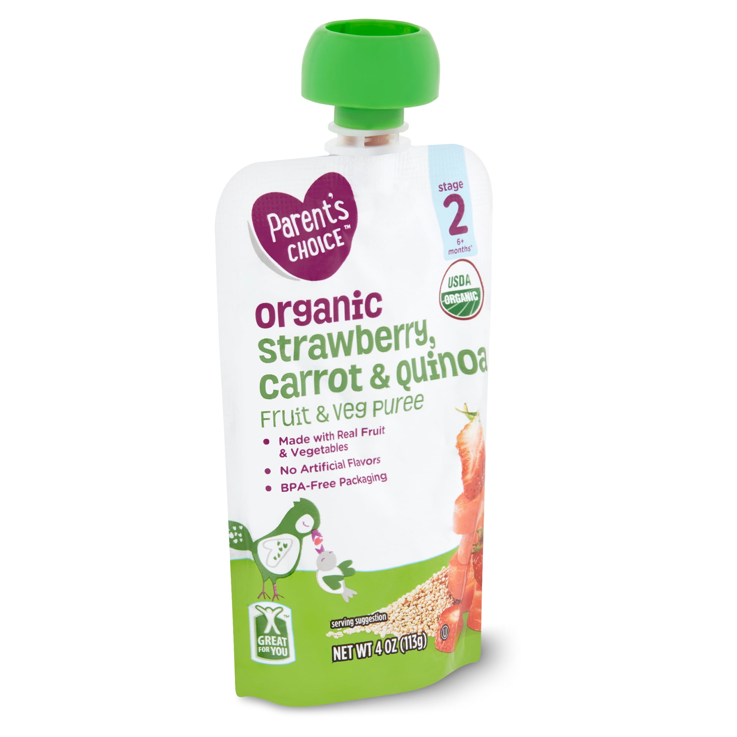 Parent's Choice Organic Strawberry, Carrot & Quinoa Fruit & Veg Puree, Stage 2, 4 oz