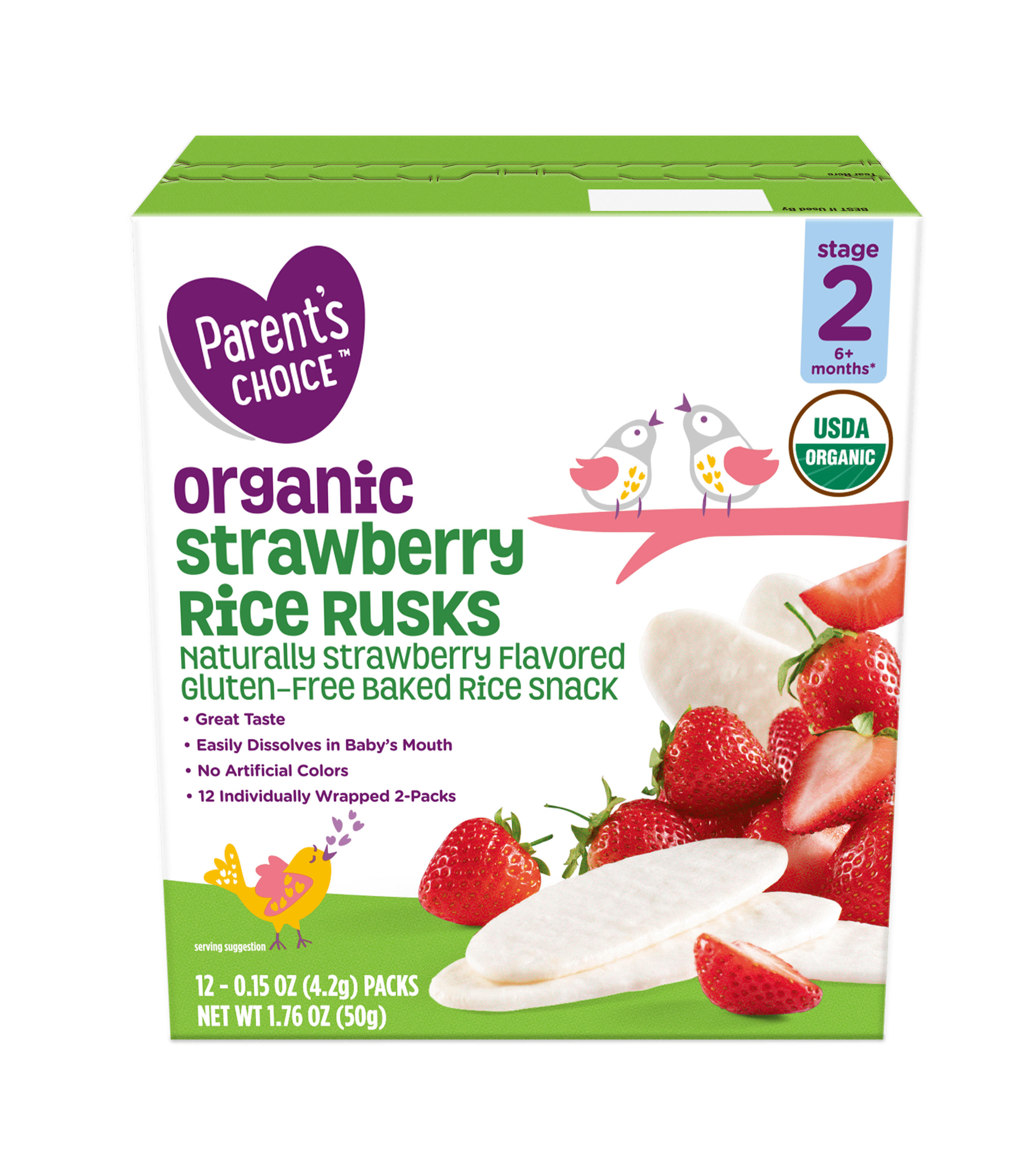 Parent's Choice Organic Strawberry Rice Rusks Baby Snacks, 0.15 oz, 12 Pack