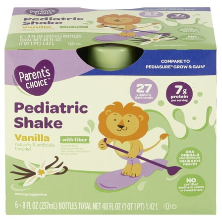 Parent's Choice Pediatric Shake, Vanilla with Fiber, 8 oz Bottle, 6 Shakes