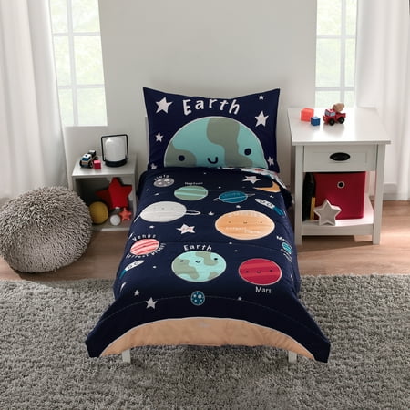 Parent's Choice Solar Explorer Toddler Bedding Set Glow in the Dark, 4-Pieces, Toddler Bed Size, Outer Space, Navy, Polyester Fiber Fill