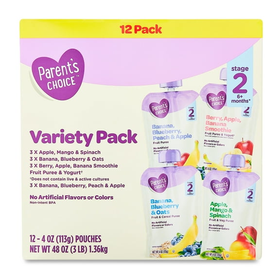 Parent's Choice Stage 2 Baby Food Variety Pack, 4 oz Pouch, 12 Pack