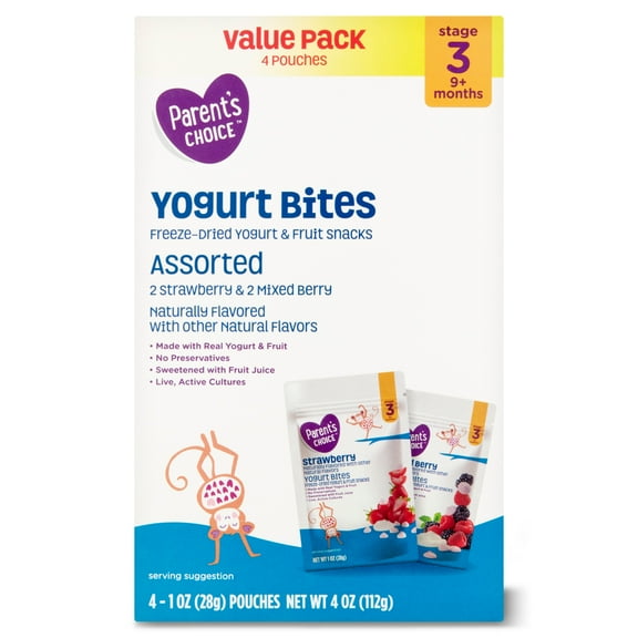 Parent's Choice Strawberry & Mixed Berry Yogurt Bites Baby Snack Value Pack, 1 oz Pouch (4 Pack)