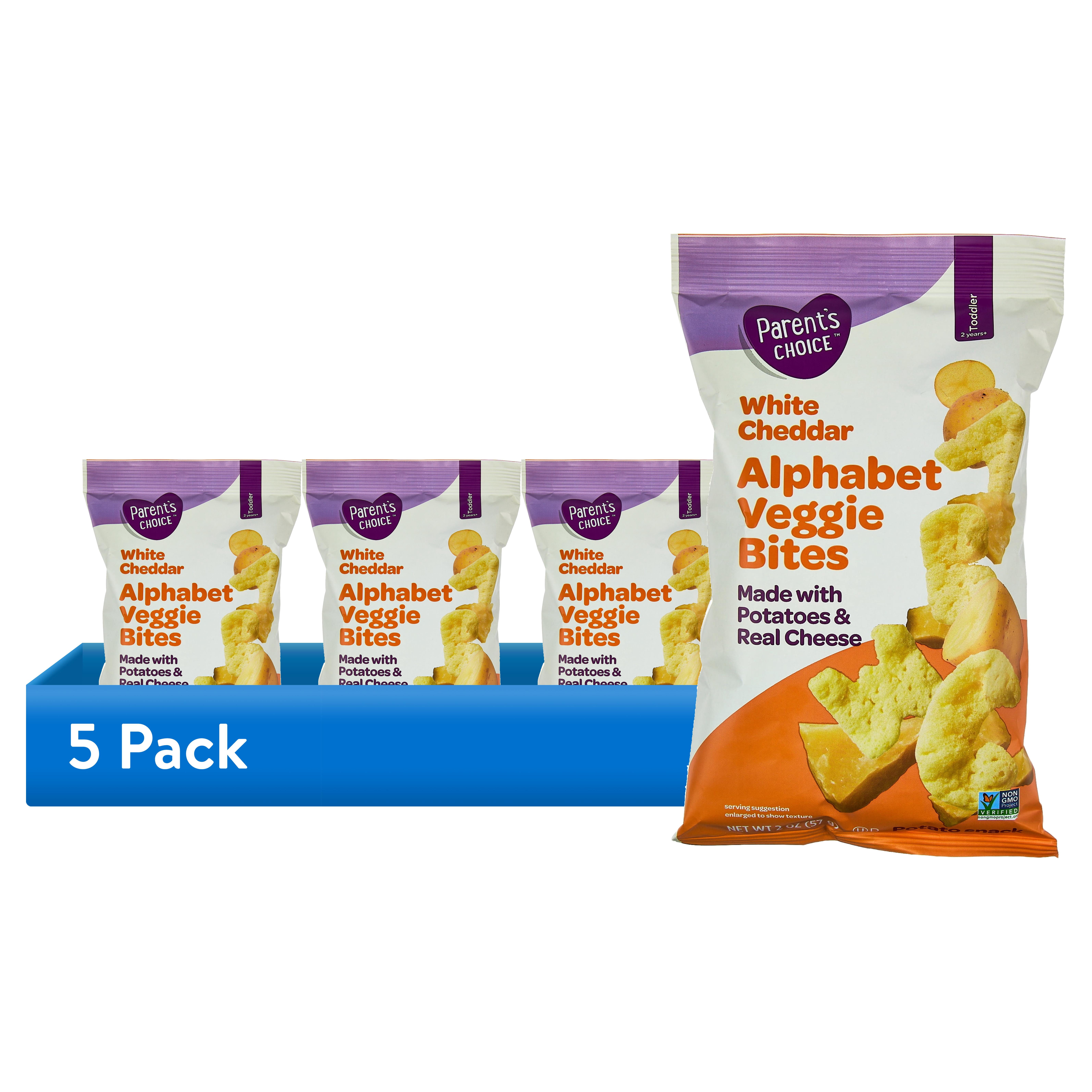 (5 pack) Parent's Choice White Cheddar Alphabet Veggie Bites Toddler Snacks, 2 oz Pouch