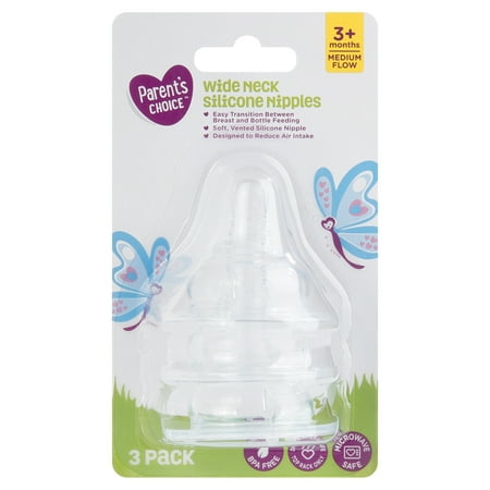 Parent's Choice Wide Neck Silicone Nipples, Medium Flow, 3+ Months, 3 Pack