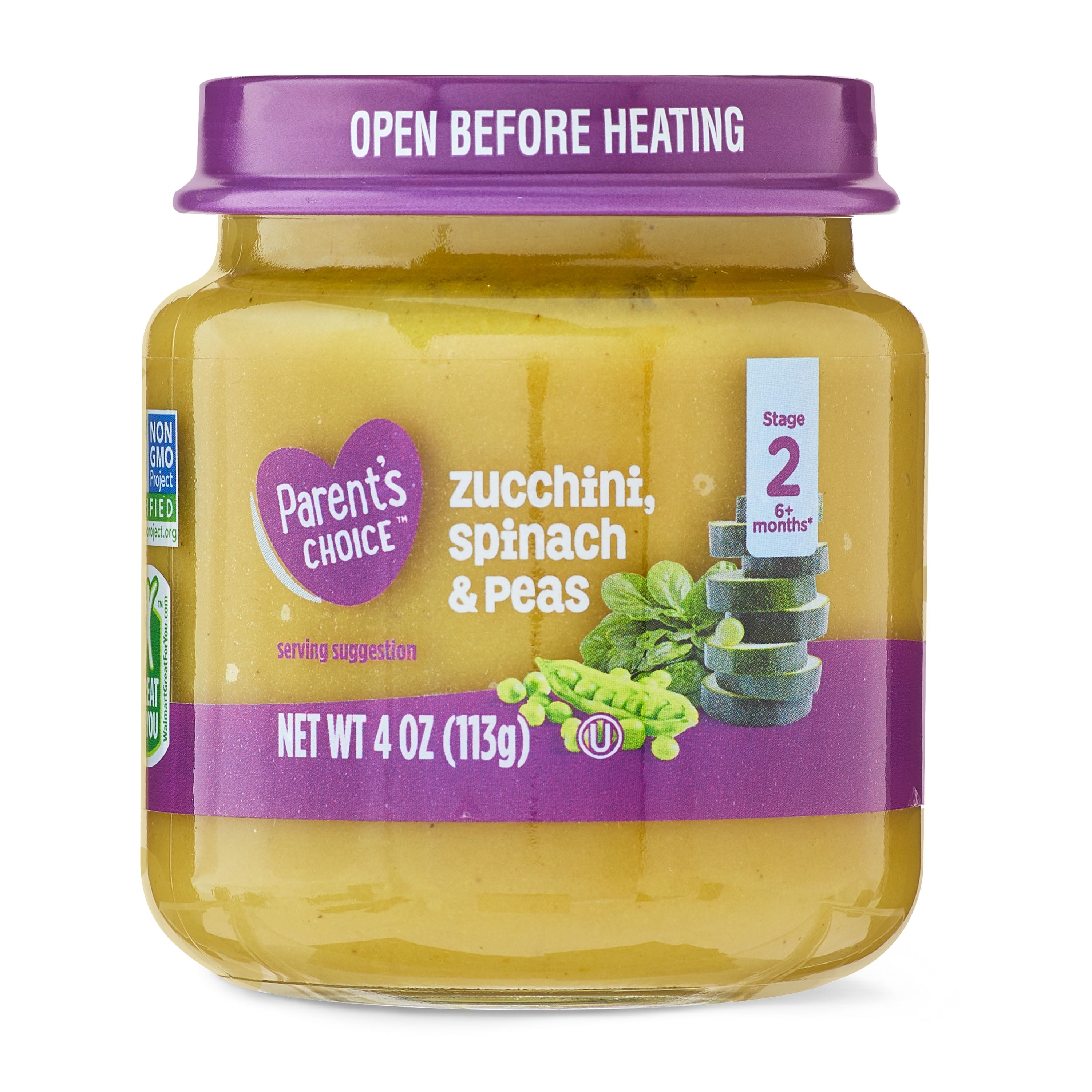 Parents Choice Zucchini Spinach & Pea Baby Food Stage 2, 4oz Glass Jar