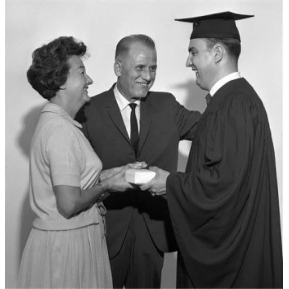 Parents Giving Gift to Son at Graduation Poster Print - 18 x 24 in.