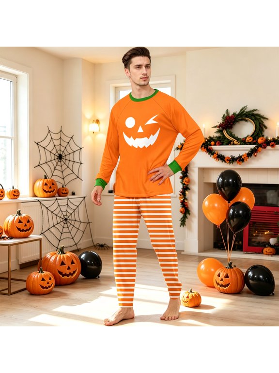 Parents Kids Cozy Loungewear Unique Dizzy Pumpkin Graphic Long Sleeve Matching Outfit Men S