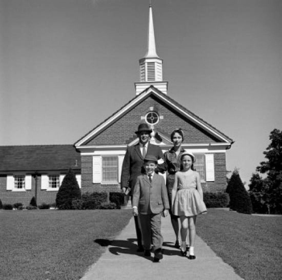 Parents and kids in front of church Canvas Art - (24 x 36)