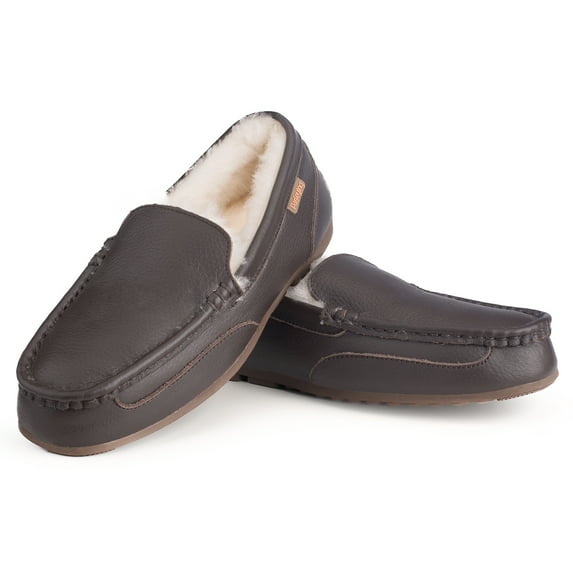 Parfeying Men's Indoor Outdoor Sheepskin Moccasins Slippers Memory Foam Driving Style Shoes