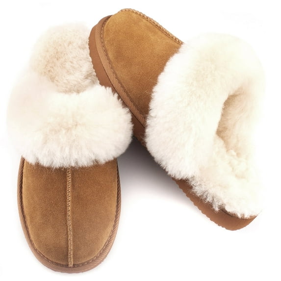 Parfeying Women's Sheepskin House Slippers Indoor Outdoor Shearling Shoes for Women