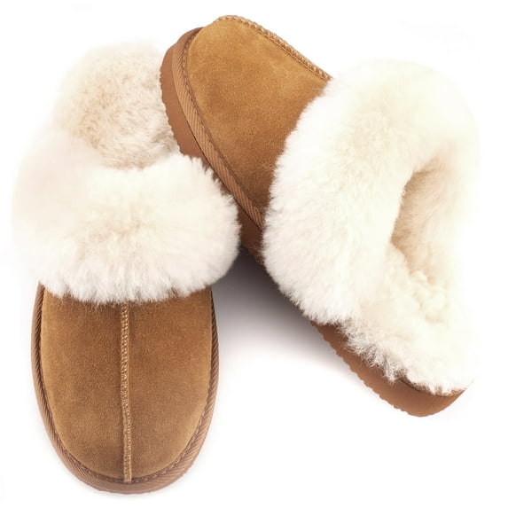 Parfeying Women's Sheepskin House Slippers Indoor Outdoor Shearling Shoes for Women