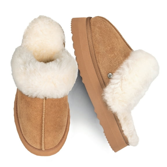 Parfeying Women's Sheepskin Platform Slippers Memory Foam Shearling Latest Street Style Fashion Shoes for Indoor Outdoor