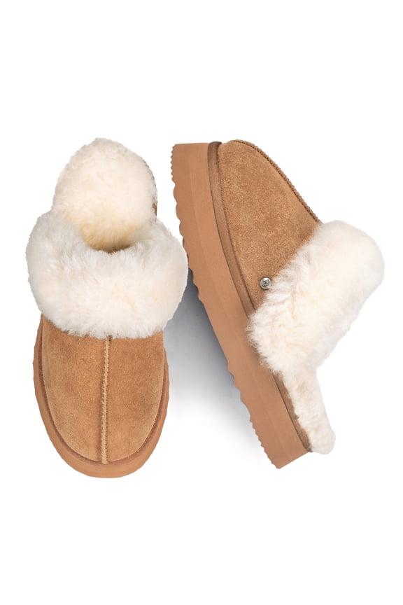 Women's Sheepskin Platform Slippers Memory Foam Shearling Latest Street Style Fashion Shoes for Indoor Outdoor