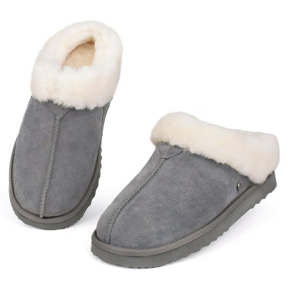 Parfeying Women's Slip on House Slippers, Real Wool from Sheep, Anti-slip Rubber Sole Warm Indoor Outdoor Slippers for Women