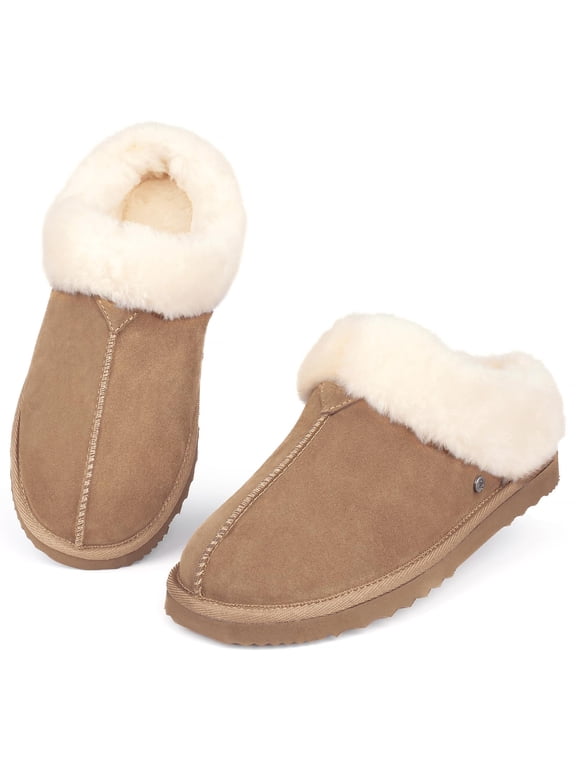 Women's Slip on House Slippers, Real Wool from Sheep, Anti-slip Rubber Sole Warm Indoor Outdoor Slippers for Women