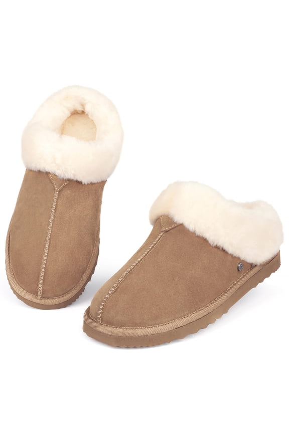 Women's Slip on House Slippers, Real Wool from Sheep, Anti-slip Rubber Sole Warm Indoor Outdoor Slippers for Women