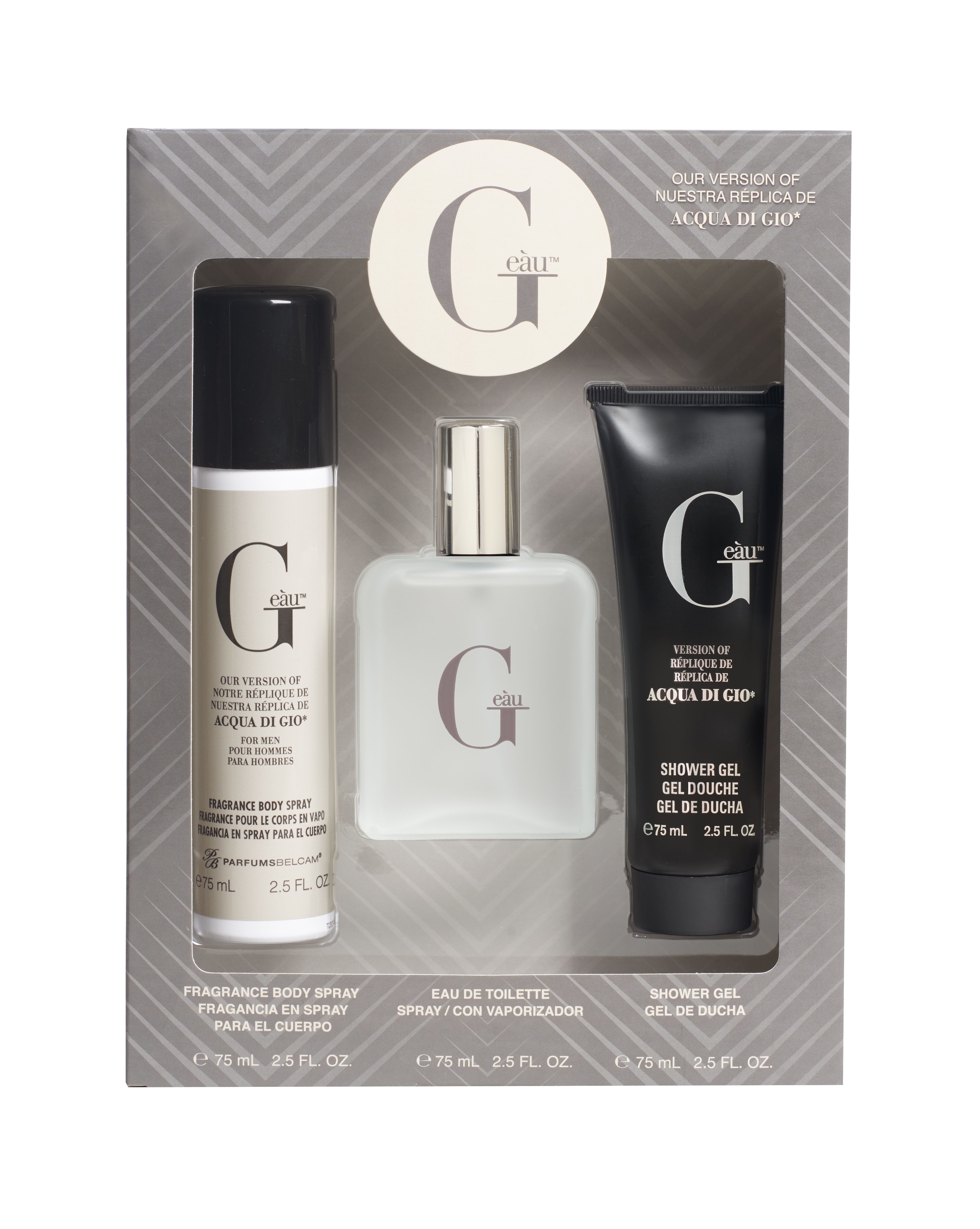 Parfums Belcam G EAU Version of Acqua Di Gio*; 3 Piece Gift Set for Men