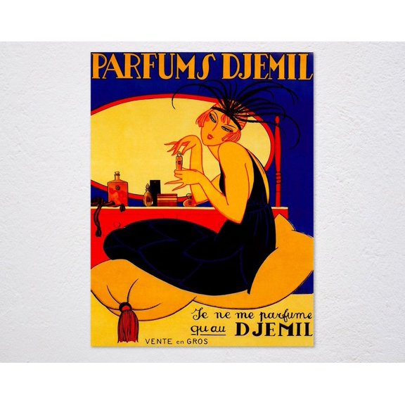 Parfums Djemil French Perfume Poster, Vintage Beauty Fashion Advertising Wall Art Print