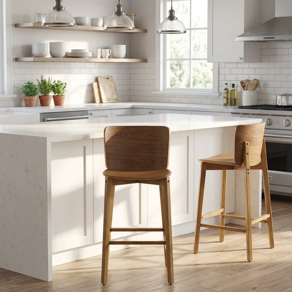 Pari Indoor Wooden Barstool Set of 2, Walnut Finished Rubberwood Kitchen Counter Stools with Ergonomic Curved Backrest, Space-Saving Low-Profile Design for Kitchen Island Home Bar