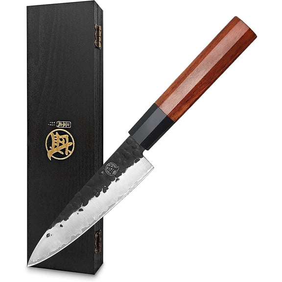 Paring Chef Knife 5.5 inch - Hand Forged Japanese Fruit and Vegetable Knives, 3-Layer 9CR18MOV High Carbon Steel, Rosewood Handle & Sandalwood Box