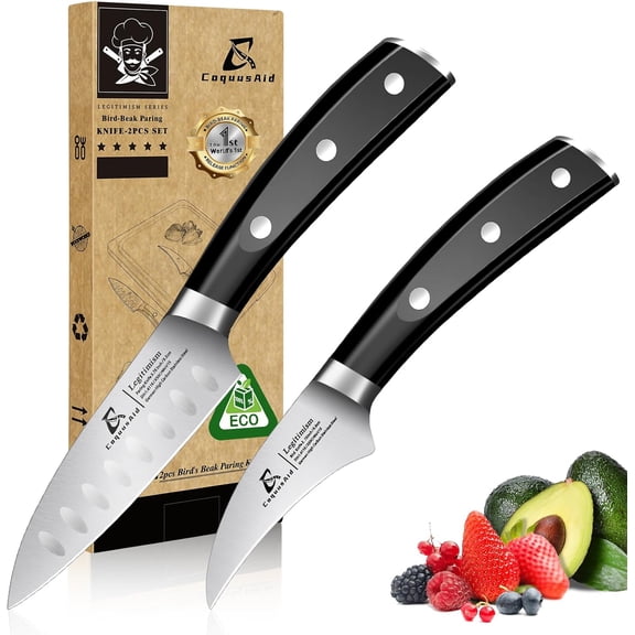 Paring Knife Set, 2PCS Small Kitchen Knives for Fruit, 3.8 Inch Fruit Knives and 2.75 Inch Bird Beak Peeling Knife, Premium Germany Stainless Steel Ergonomic Handle, Elegant Black Ideal for Gift