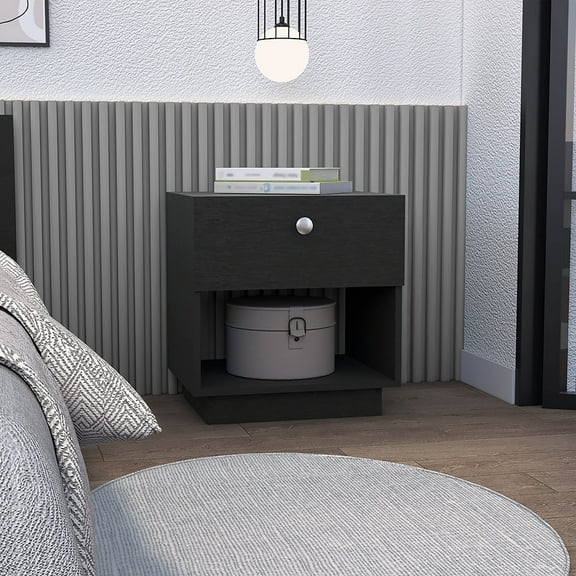 Paris 1-Drawer Nightstand with Open Storage Shelf - Modern Black Bedside Table for Bedroom