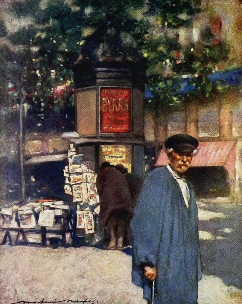 Paris 1909 Man by newspaper stand Canvas Art - Mortimer Menpes (24 x 36)