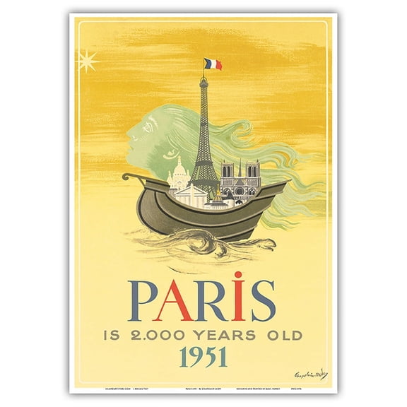 Paris is 2000 Years Old - 1951 Paris Birthday Celebration - Eiffel Tower France - Vintage Travel Poster by Roger Chapelain Midy c.1951 - Master Art Print 10in x 14in