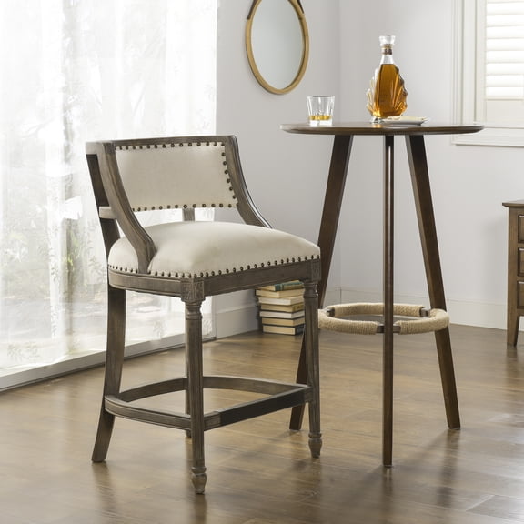 Paris 26.5" Farmhouse Counter Height Bar Stool With Backrest, Light Beige Linen