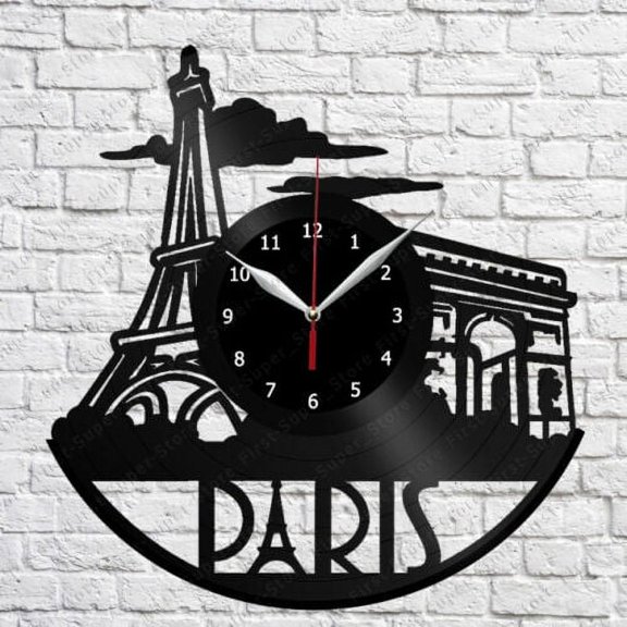 Paris 3D Vinyl Wall Clock,Vinyl Record Clock Wall Art Unique Bedroom kitchen kid Room Decorations Gift